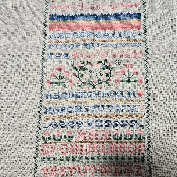 Vintage Cross-Stitch Tapestry Sampler with Alphabet & Floral Design - Picture 1 of 3